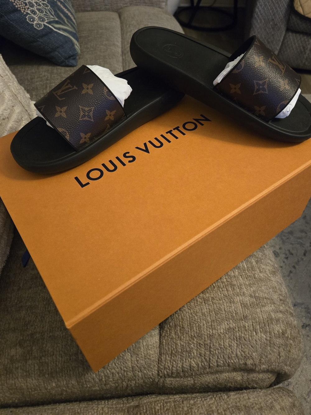 Louis Vuitton Brown Monogram Slide Sandals with Black Footbed